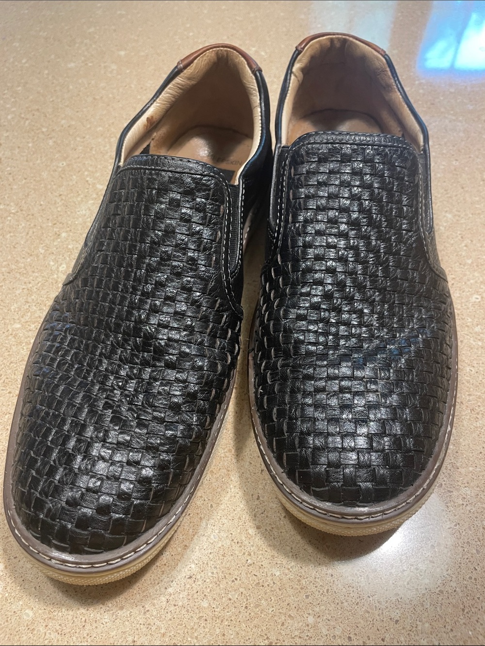 Johnston & Murphy Black Woven Leather Slip-On Loafers with Tan Trim